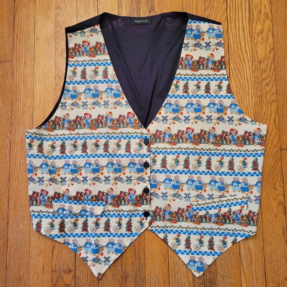 Robyn Lyn Whimsical Novelty‎ Bear Garden Print Vest Button Vintage Retro Country